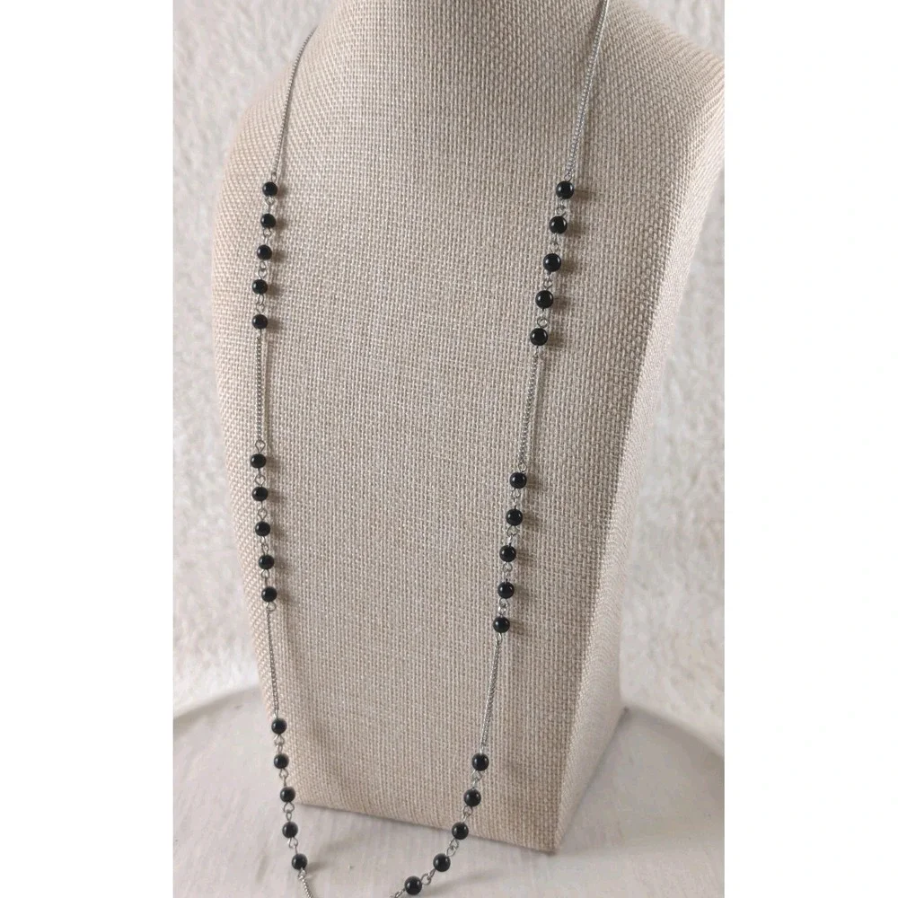 Vintage‎ Style Black Rosary Necklace Silver Tone Crucifix Catholic Devotional